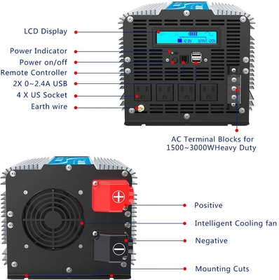 Remote Control 3000 Watt Layar LCD Inverter Gelombang Sinus Murni 12V 24V